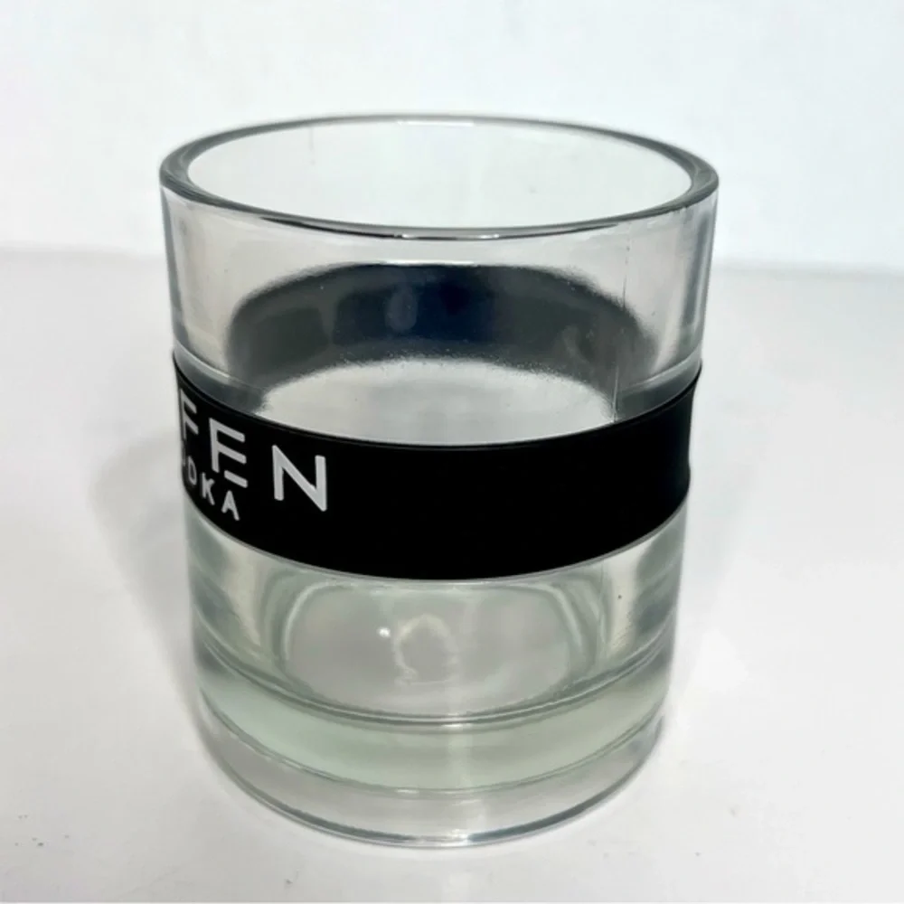 Vintage Effen Vodka Lowball Glass Black Rubber Band  On the Rocks 8 oz